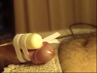 Close up of CD Cumming Hands Free with Vibrator handjob toys 